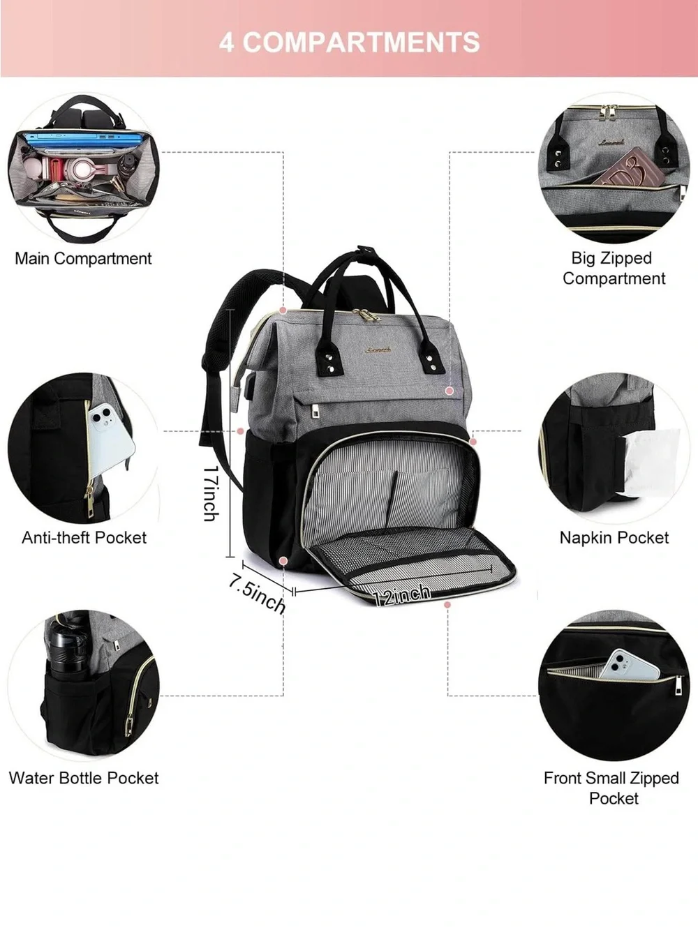 Lovevook Two-Tone Black and Gray Laptop Backpack Tote